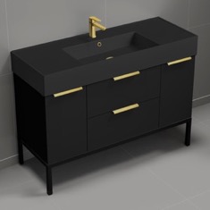 48 inch Bathroom Vanity With Black Sink - Modern, Matte Black, Free Standing, Gold Handles
